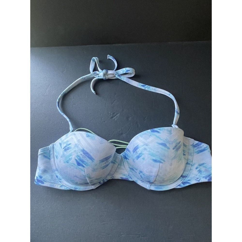 Victoria’s Secret Womens Blue White Underwire Adjustable Swimsuit Top Bra 34 D